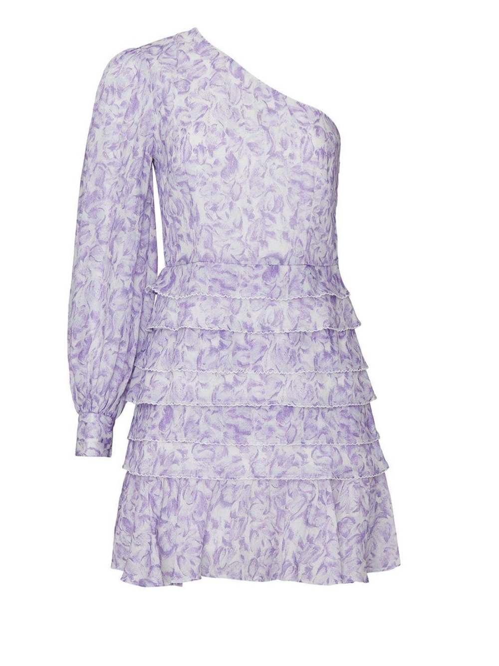 La Maison Talulah One-Shoulder Lavender Floral Ruffle Mini Dress